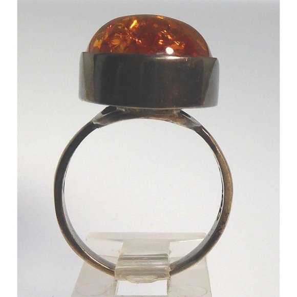 Modernist Amber & Sterling Silver Ring Signed E Size 9 - Picture 4 of 10
